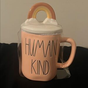 Rae Dunn Coral Mug with Rainbow Lid